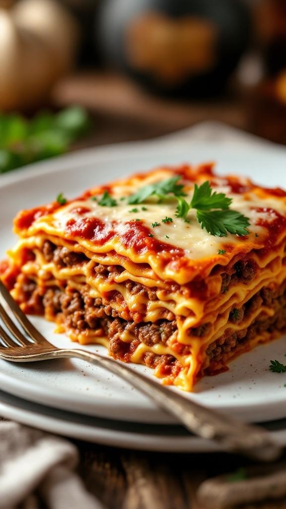 A deliciously layered beef lasagna with cheese and sauce, garnished with parsley.