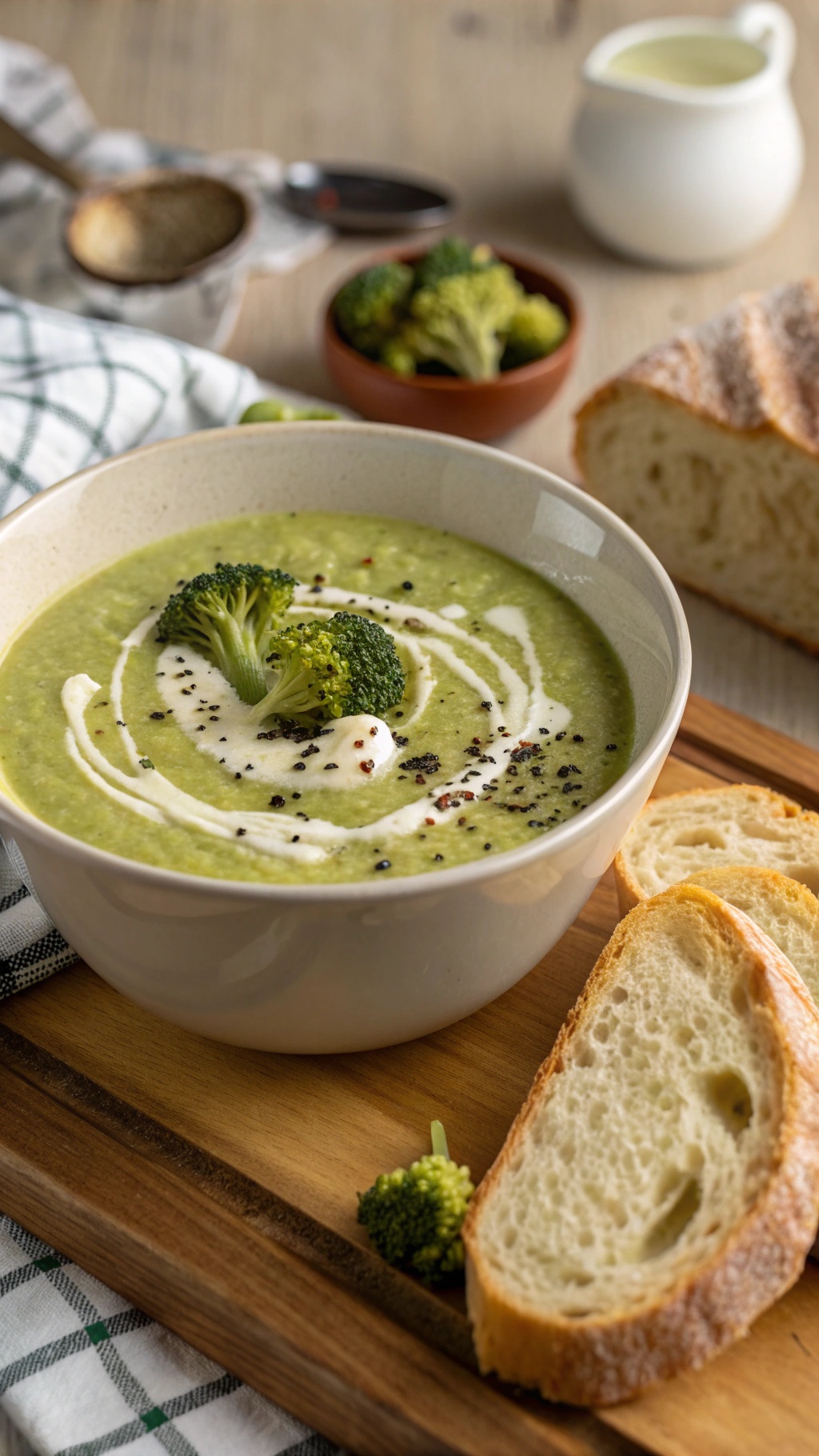 A bowl of creamy broccoli soup garnished with cream and black pepper, served with slices of bread.