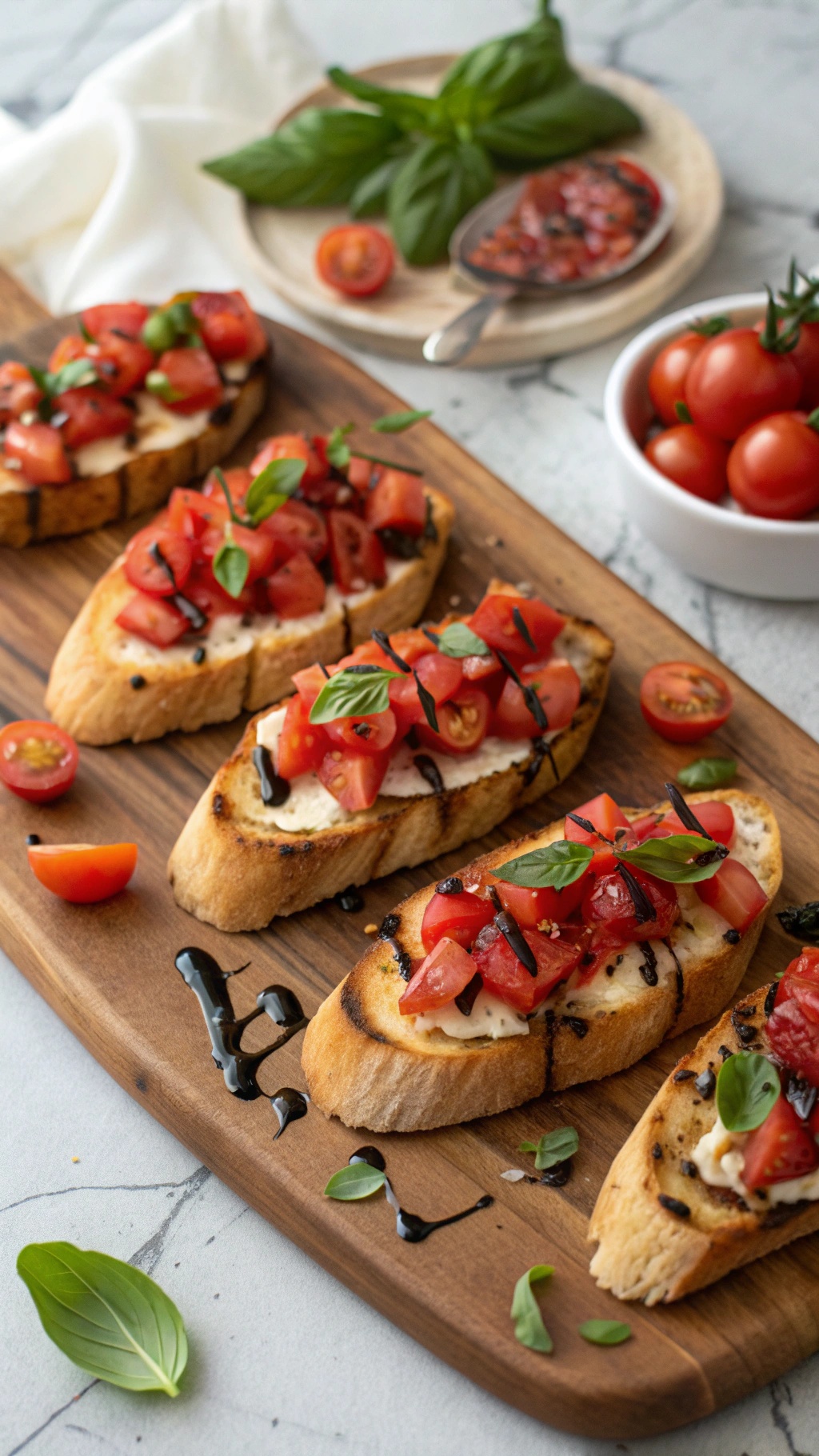 Classic bruschetta topped with diced tomatoes and basil on a wooden platter.