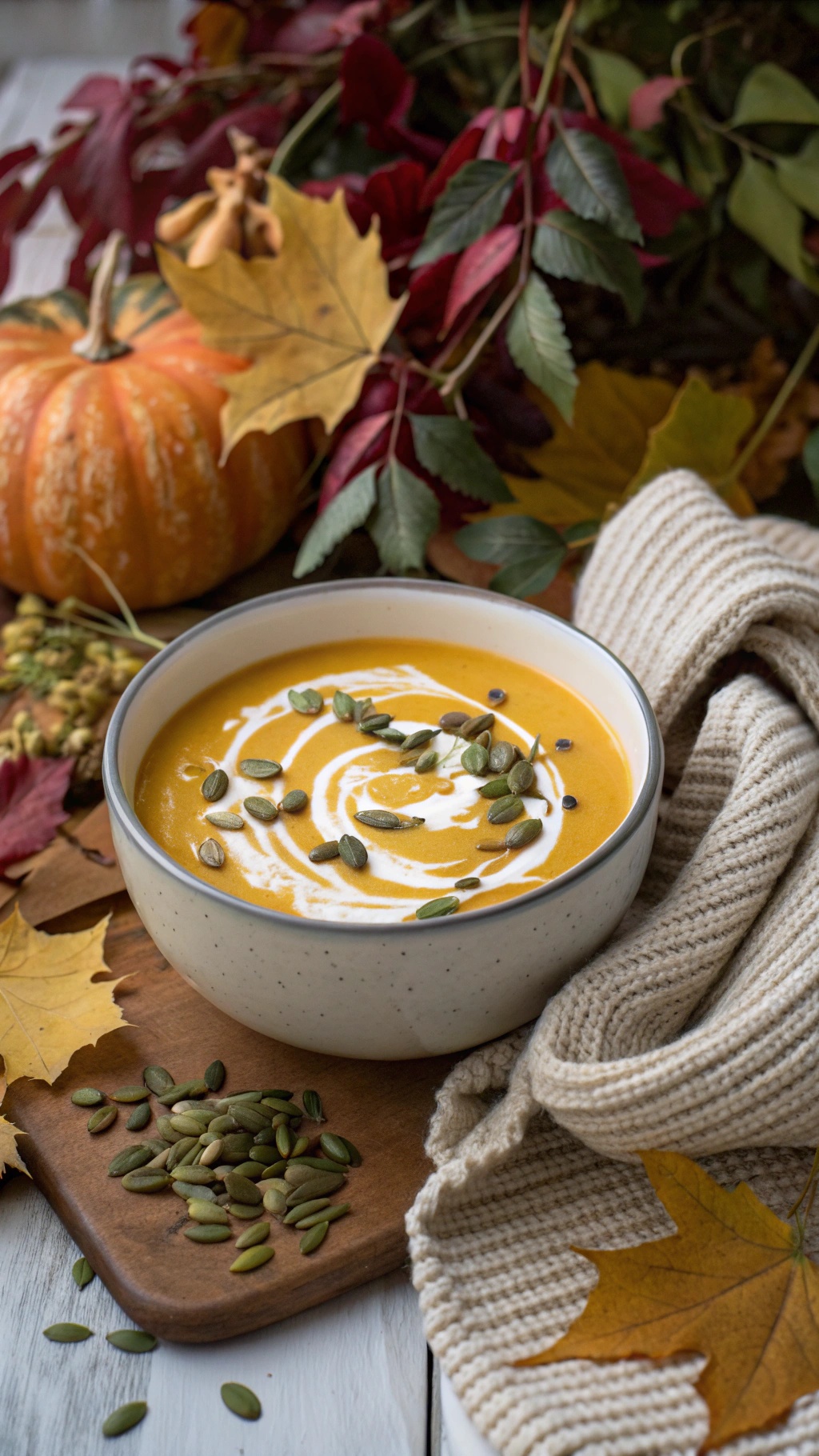 A bowl of butternut squash soup garnished with cream and pumpkin seeds, surrounded by autumn leaves and a cozy scarf.