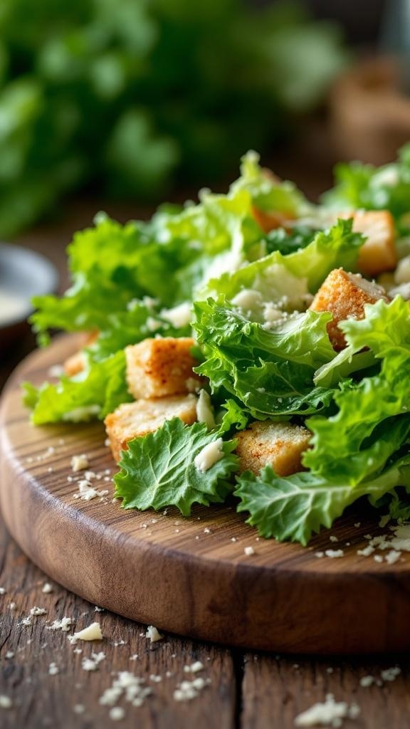 A fresh Caesar salad with romaine lettuce, croutons, and a light dressing on a wooden plate.