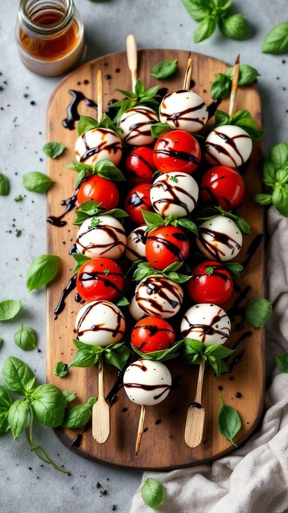 A platter of colorful Caprese skewers with cherry tomatoes, mozzarella balls, and basil drizzled with balsamic glaze.