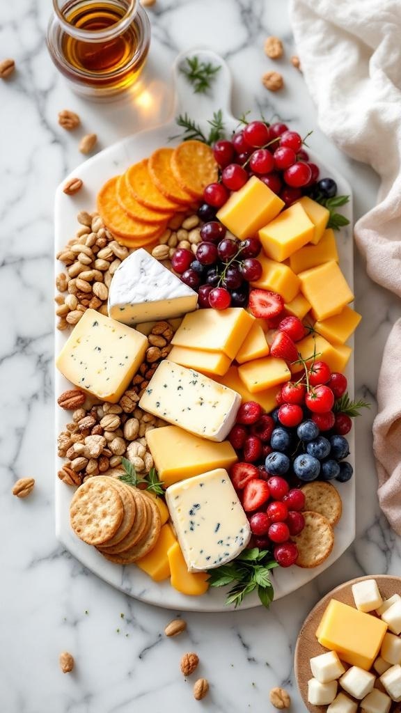A beautifully arranged cheese platter featuring assorted cheeses, fresh fruits, nuts, and crackers.