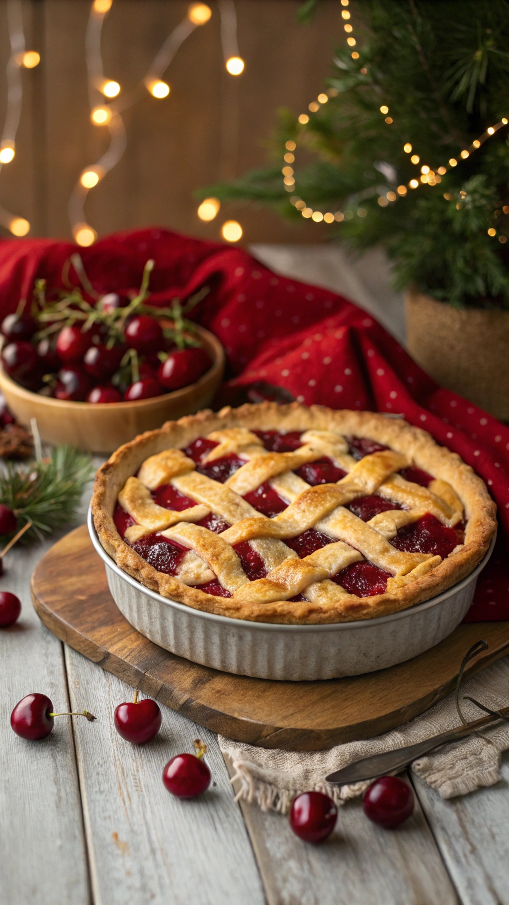 A classic cherry pie with a lattice crust, surrounded by fresh cherries and festive decorations.