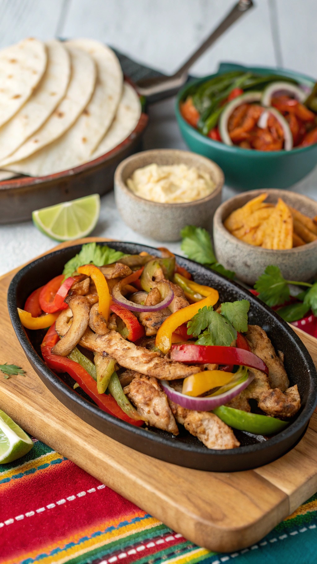 A sizzling platter of chicken fajitas with colorful peppers and onions, served with tortillas and garnishes.