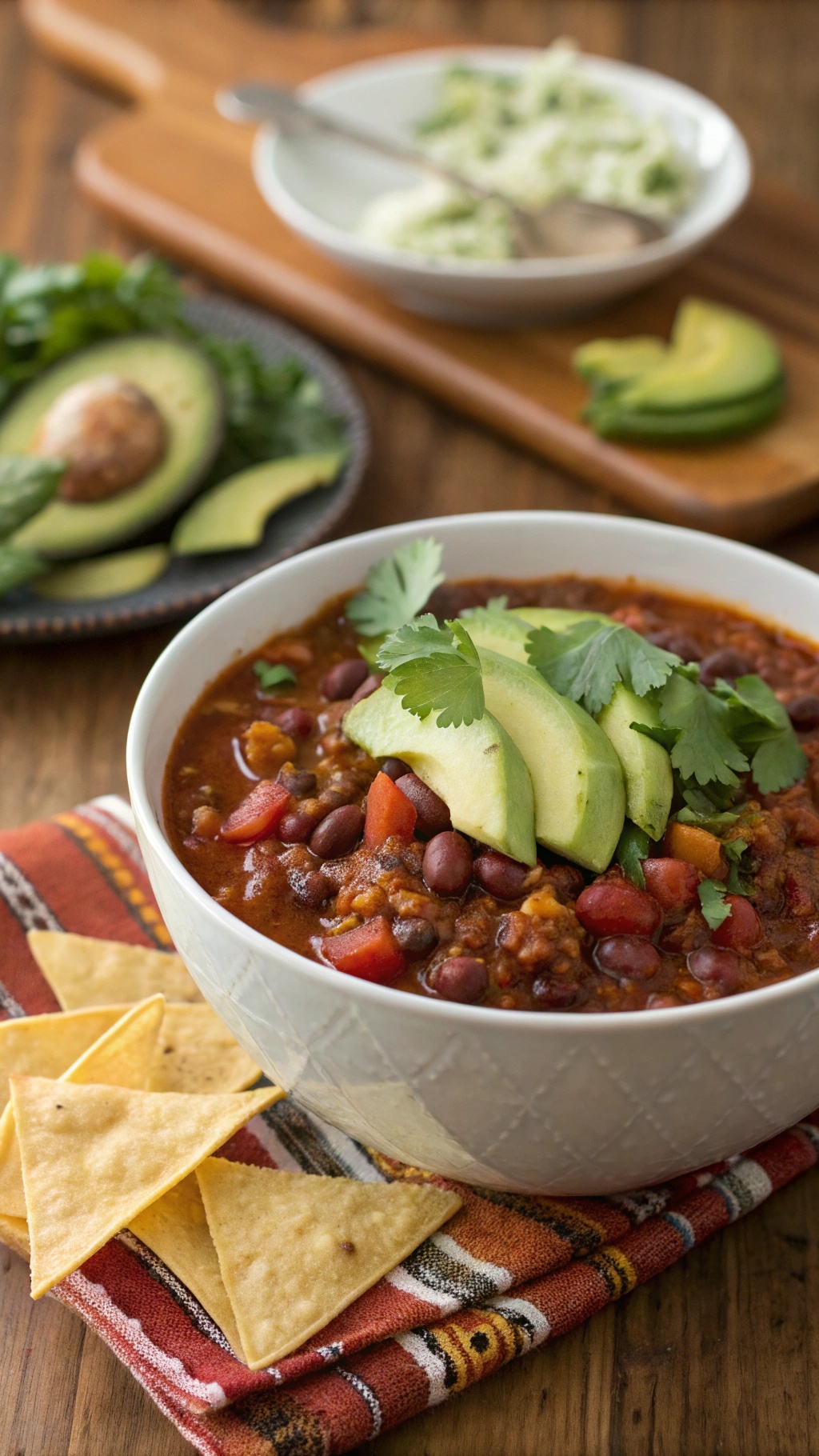 A bowl of nutrient-rich chili topped with avocado and cilantro, served with tortilla chips.