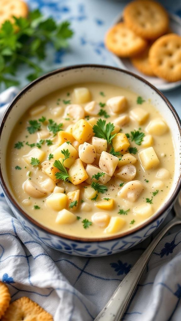 A bowl of clam chowder with diced potatoes and clams, garnished with parsley, next to some crackers.