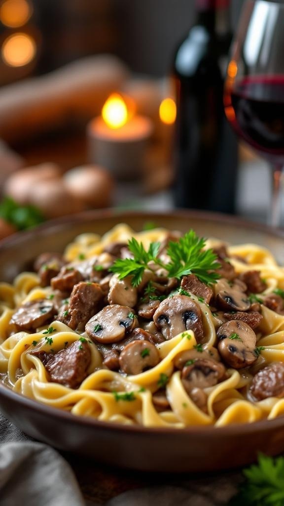 A bowl of beef stroganoff with egg noodles, garnished with parsley, and a glass of red wine in the background.