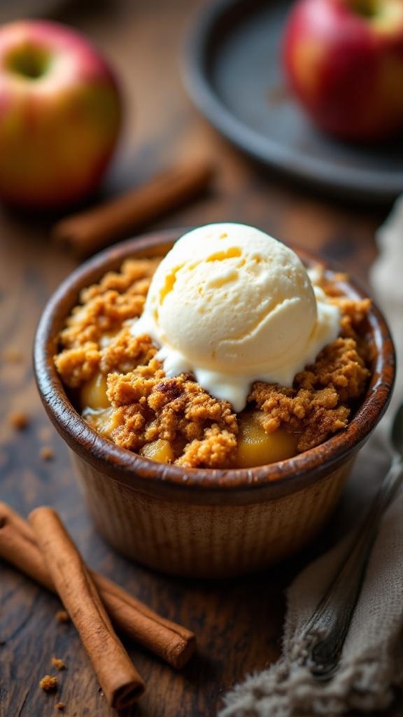 A warm single-serve apple crisp topped with vanilla ice cream, surrounded by cinnamon sticks and fresh apples.