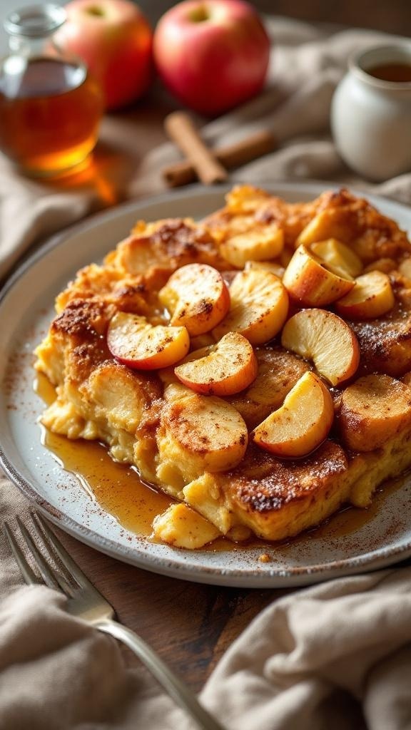 French toast casserole topped with apple slices and drizzled with syrup.