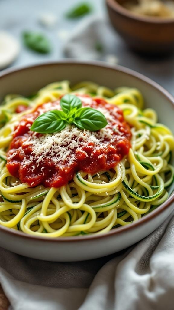A bowl of zucchini noodles topped with marinara sauce and fresh basil.