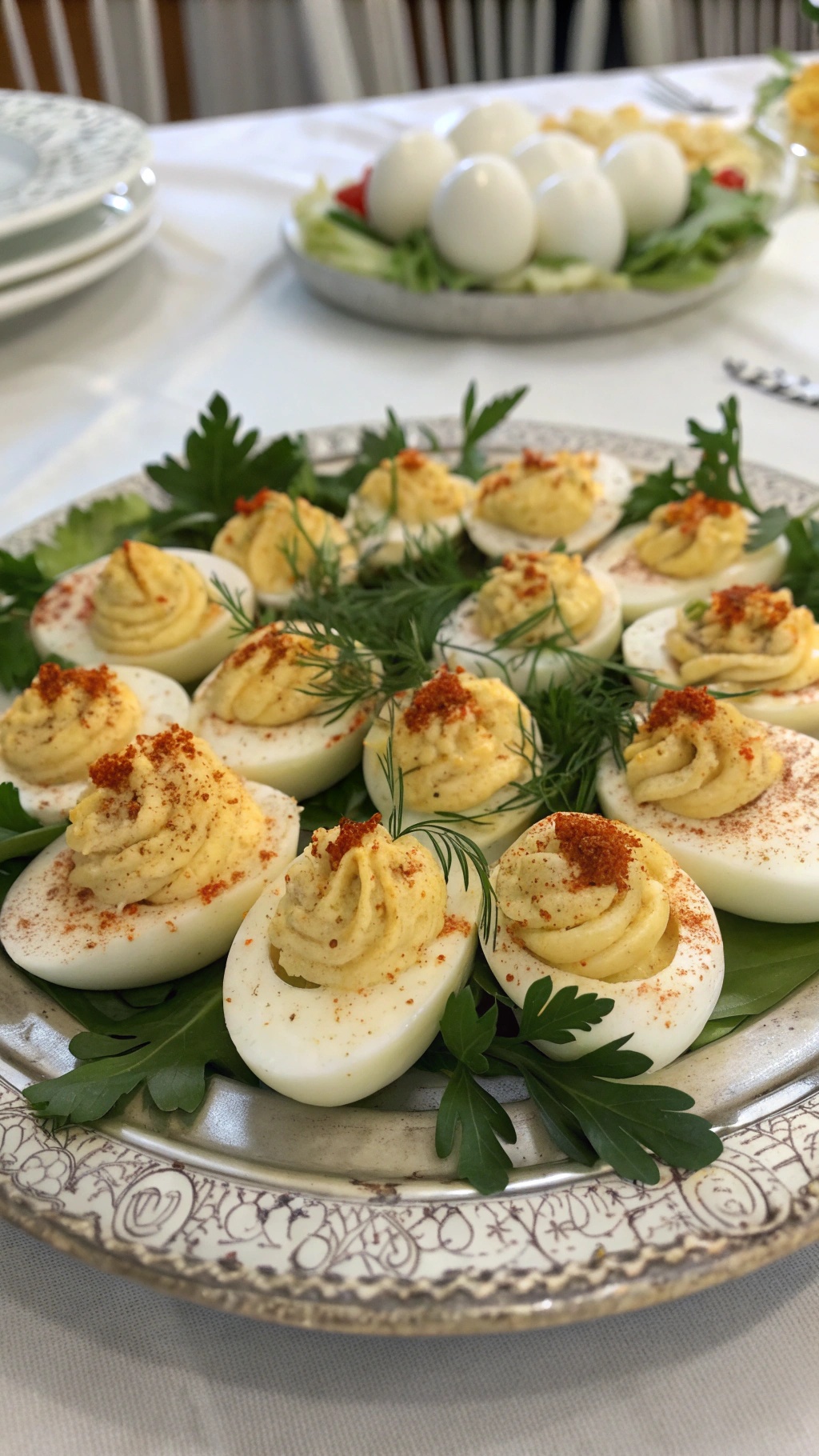 A platter of classic deviled eggs garnished with herbs and paprika.