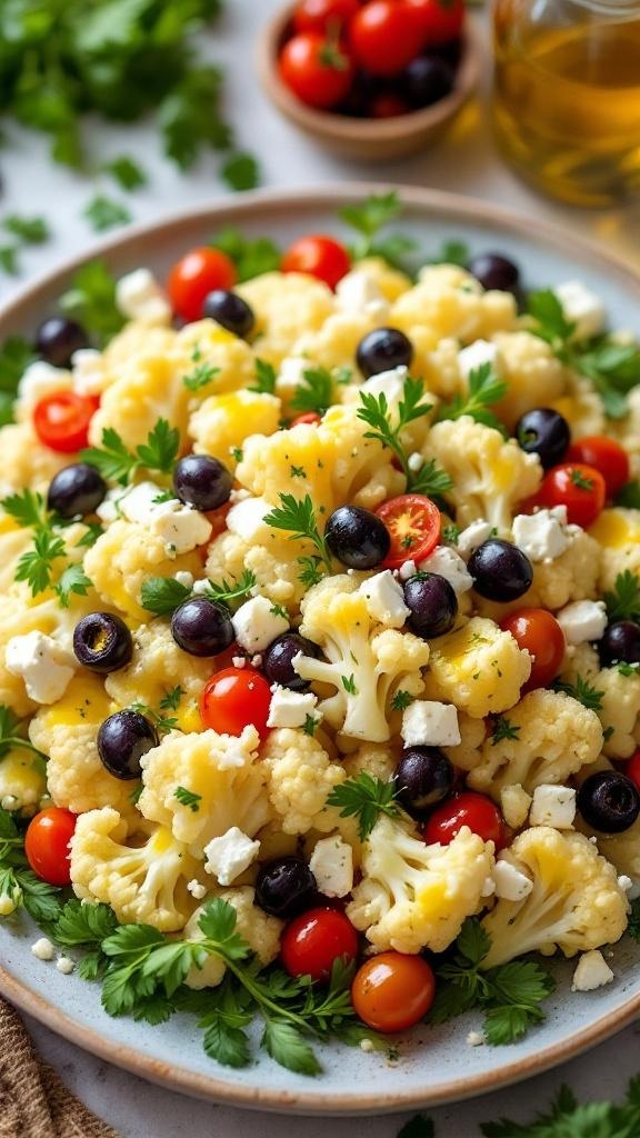 A colorful Greek-style cauliflower salad with cherry tomatoes, black olives, and feta cheese.