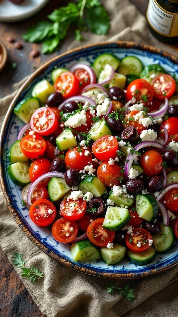 A colorful Greek salad with cherry tomatoes, cucumbers, red onion, Kalamata olives, and feta cheese on a decorative plate.