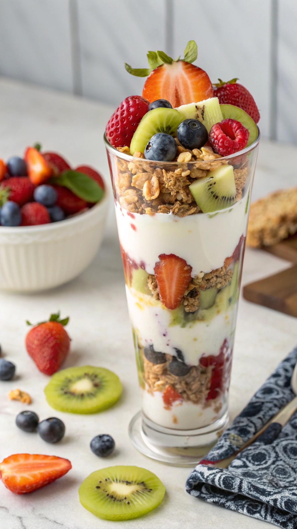 A colorful Greek yogurt parfait with mixed fruits and granola in a tall glass.