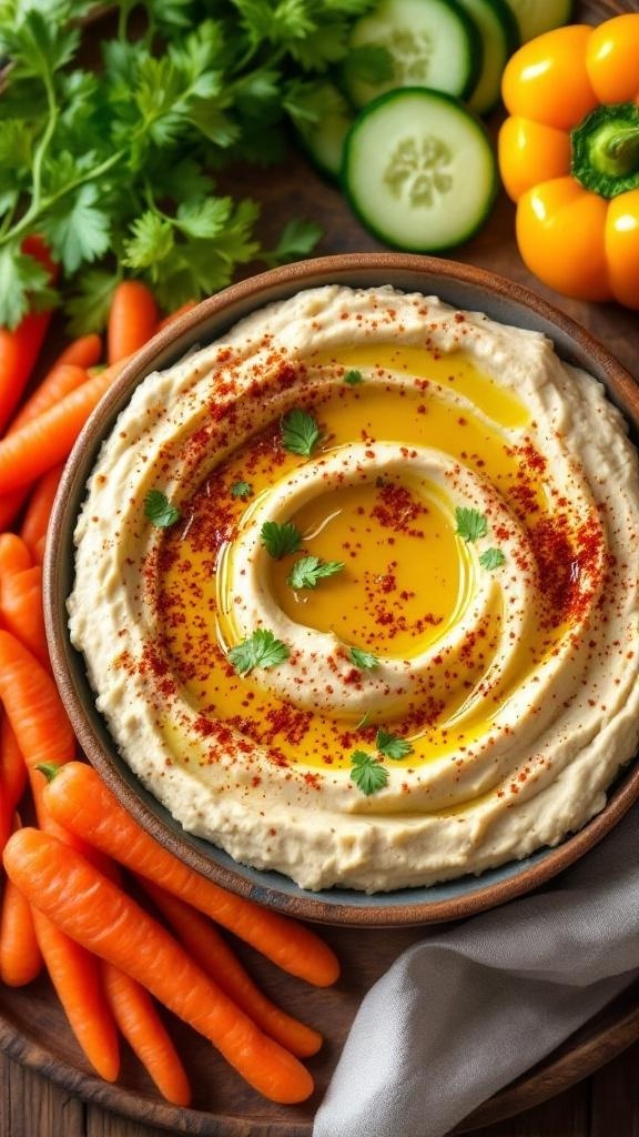 A bowl of hummus garnished with olive oil and paprika, surrounded by fresh vegetables.