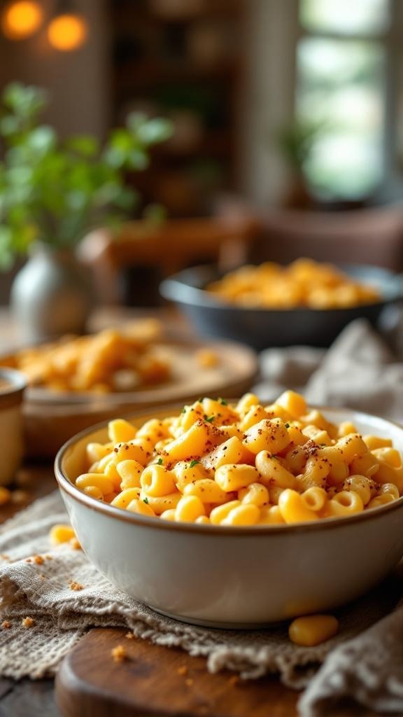 A bowl of creamy macaroni and cheese topped with black pepper and herbs, set in a cozy dining environment.