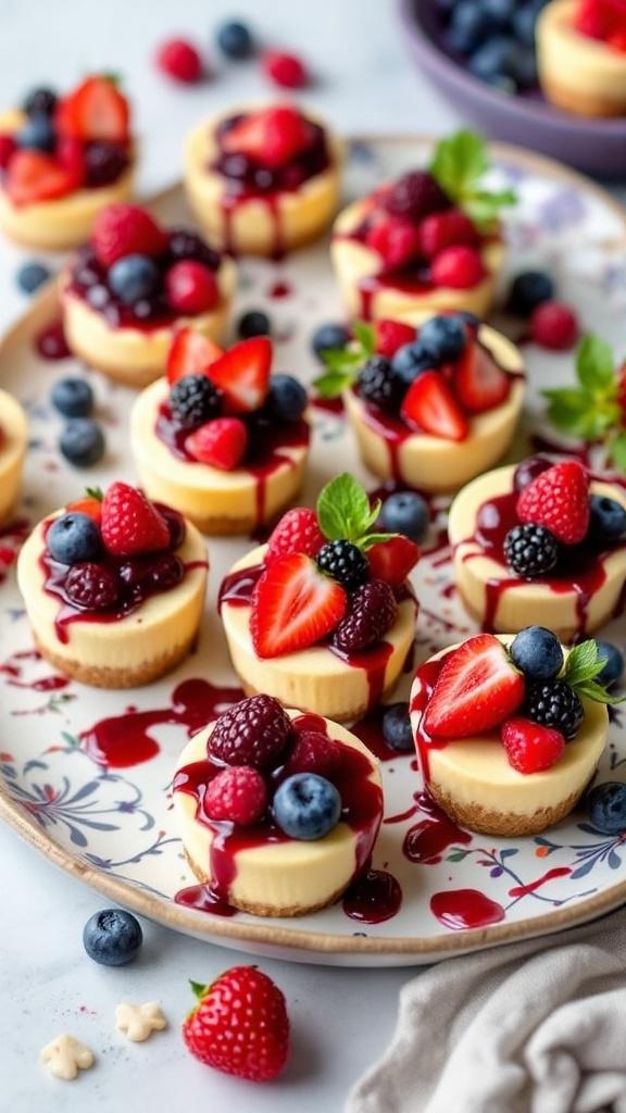 A plate of no-bake cheesecake bites topped with fresh berries and berry sauce.