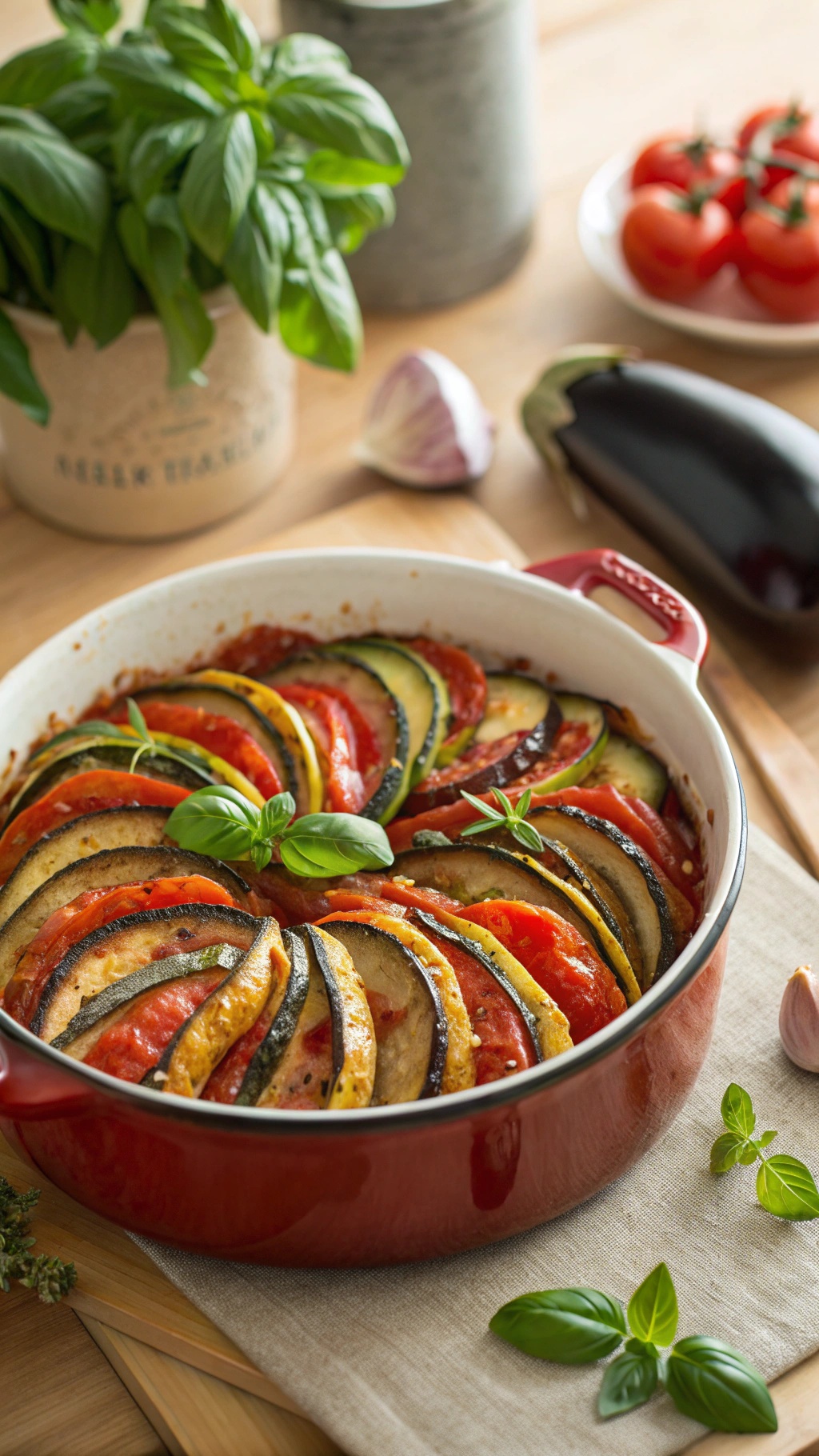 A beautifully arranged one-pot ratatouille with layers of zucchini, eggplant, and tomatoes, garnished with fresh basil.