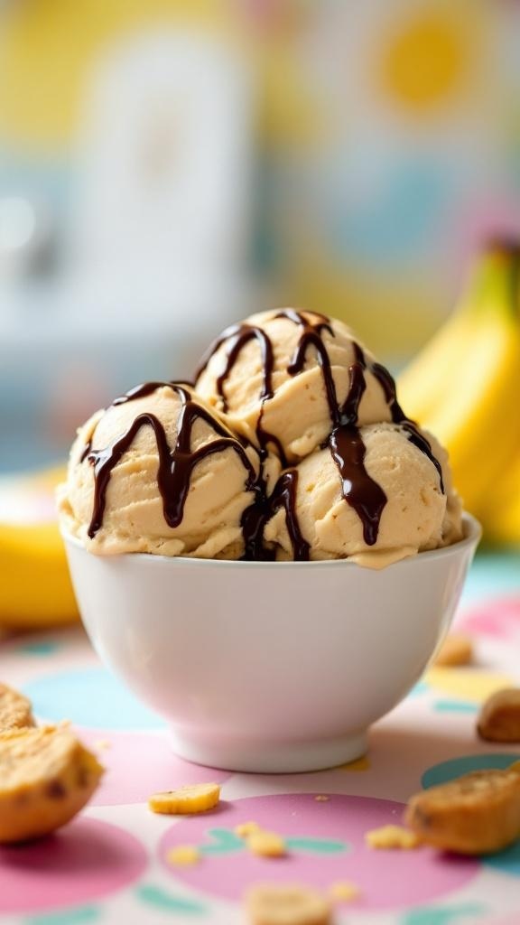 Bowl of peanut butter banana ice cream with chocolate drizzle