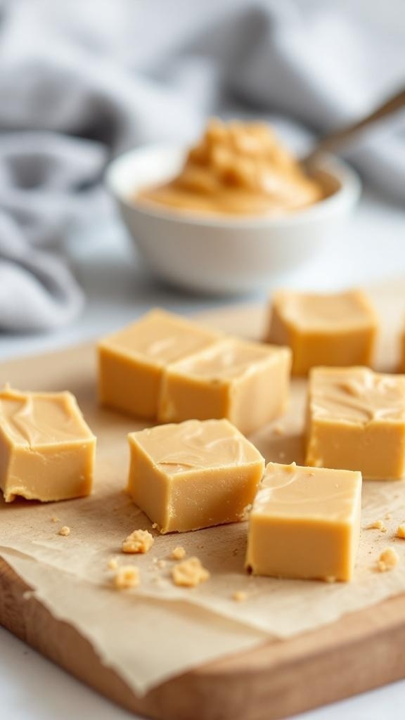 Classic peanut butter fudge squares on a wooden board with a bowl of peanut butter in the background.