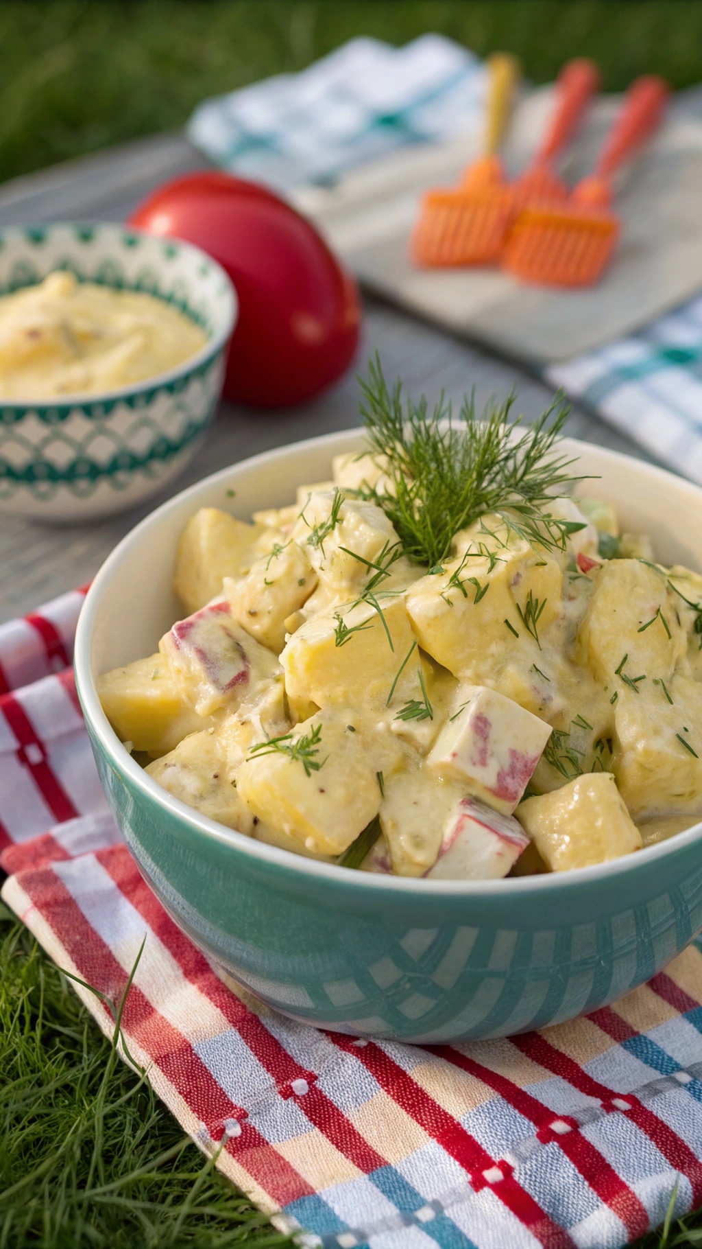 A bowl of classic potato salad with mustard dressing, garnished with dill, on a picnic blanket.