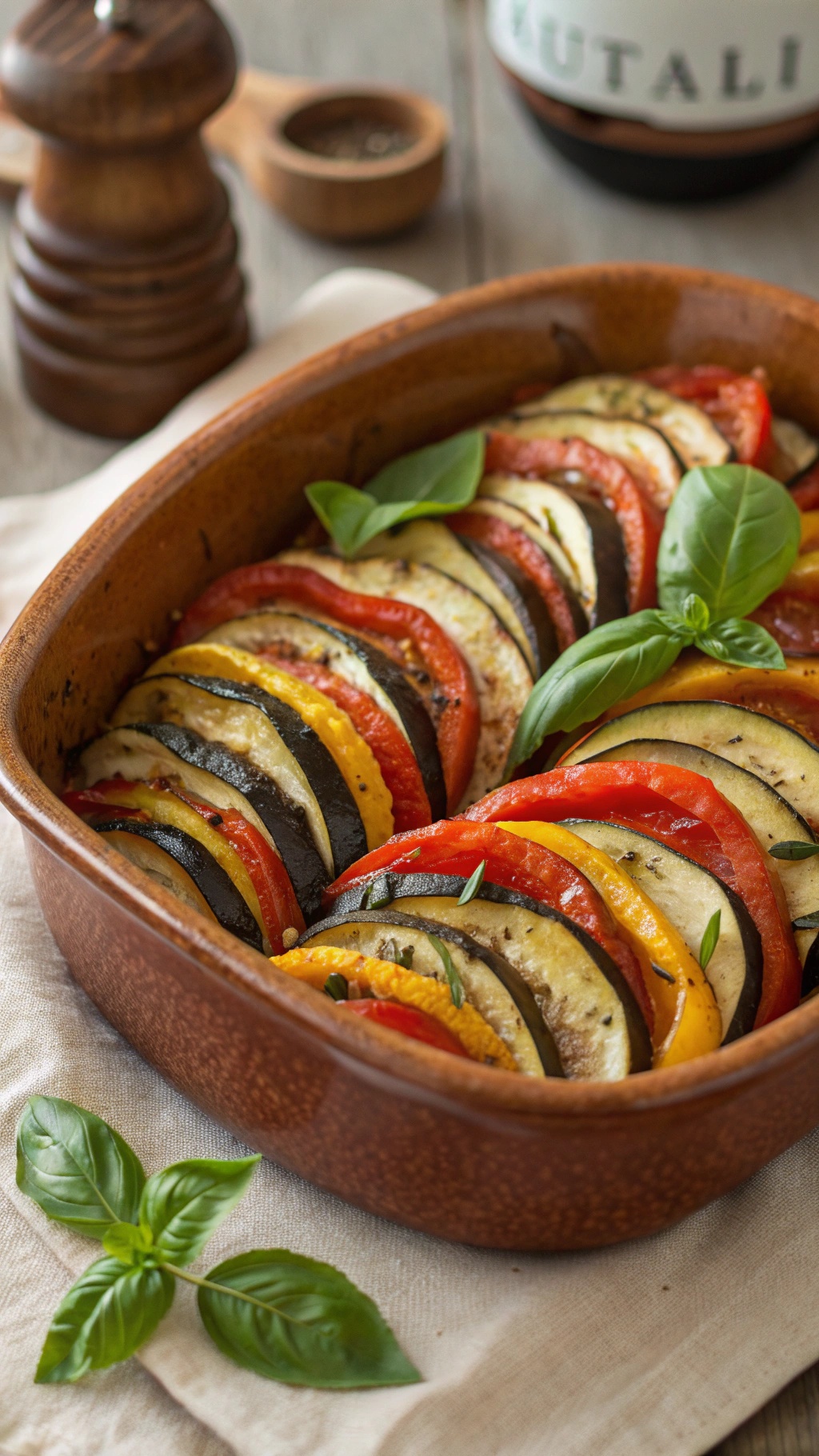 A beautifully arranged dish of classic ratatouille with colorful layers of vegetables and fresh basil on top.