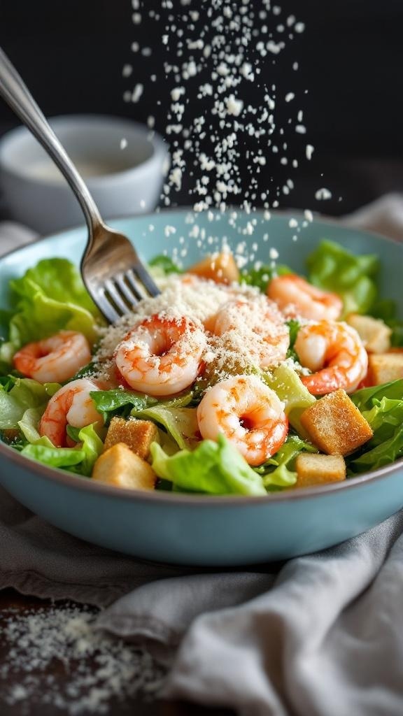 A delicious shrimp Caesar salad with lettuce, shrimp, croutons, and Parmesan cheese.