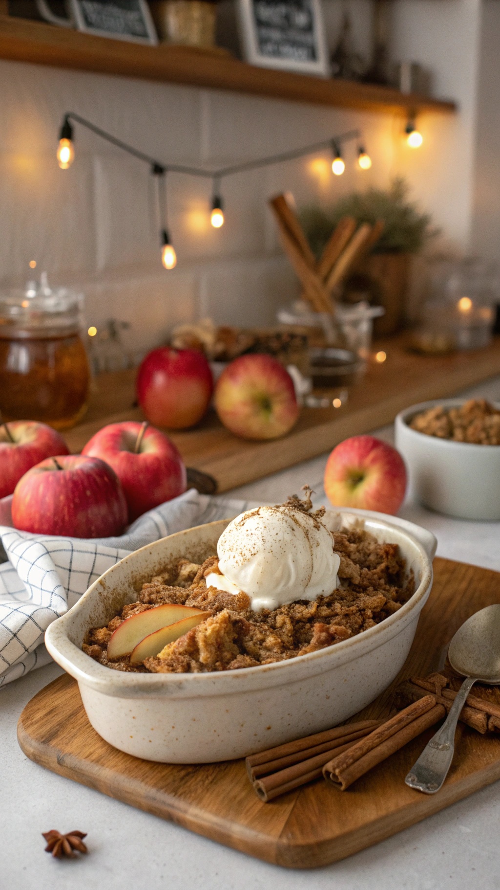 A delicious spiced apple crisp topped with ice cream, surrounded by fresh apples and spices.