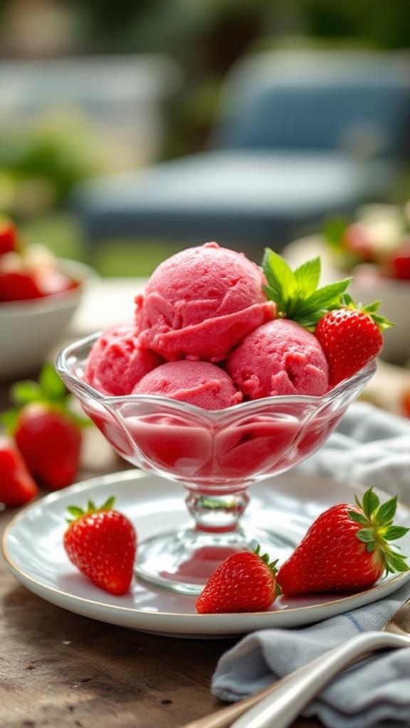 A bowl of classic strawberry sorbet with fresh strawberries on the side, set in a sunny outdoor environment.