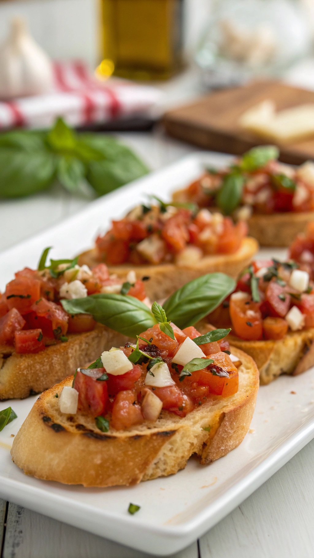 A plate of classic tomato bruschetta topped with fresh basil and diced tomatoes.