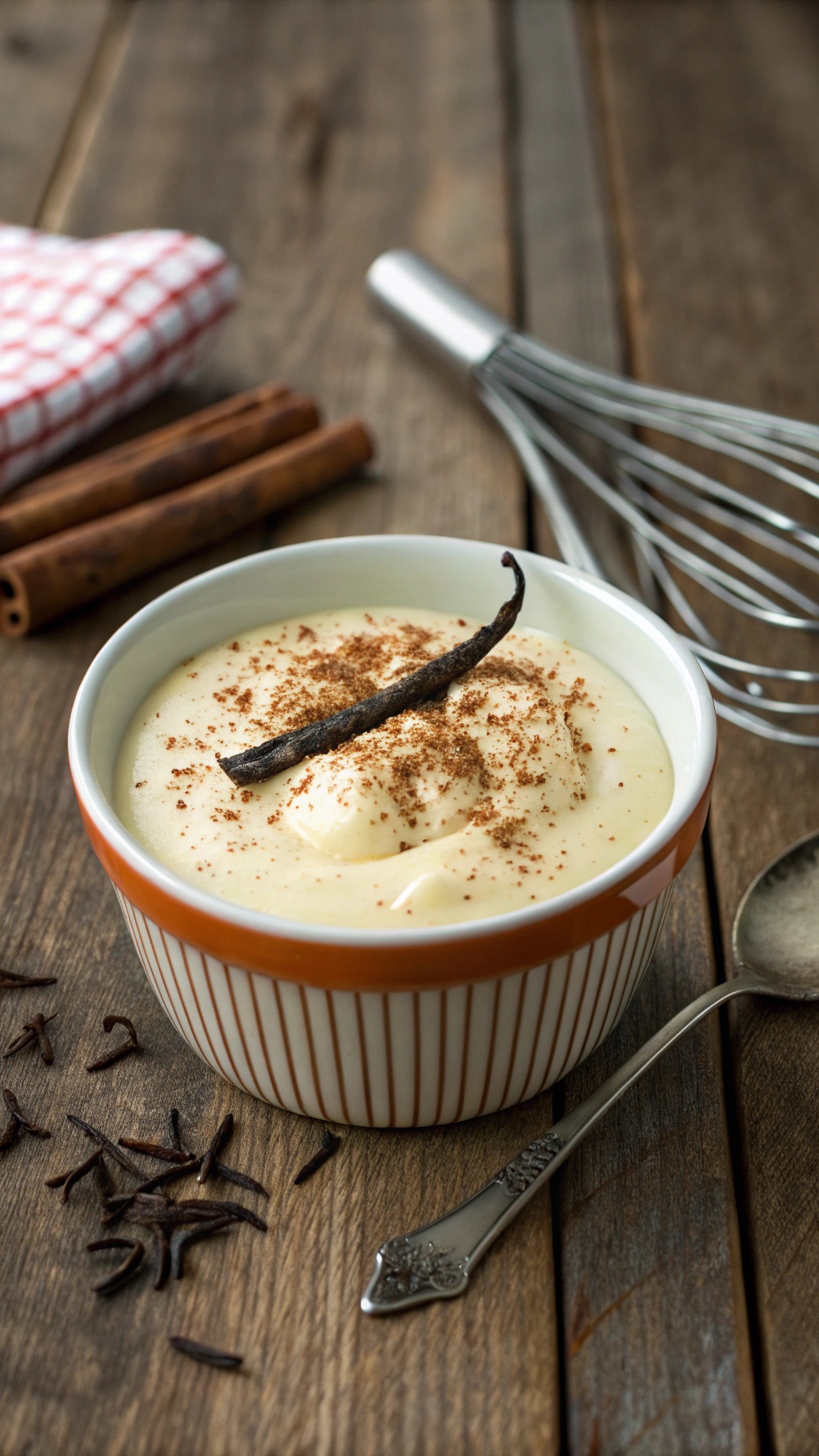 A bowl of classic vanilla pudding topped with cinnamon and a vanilla bean, set on a wooden table.
