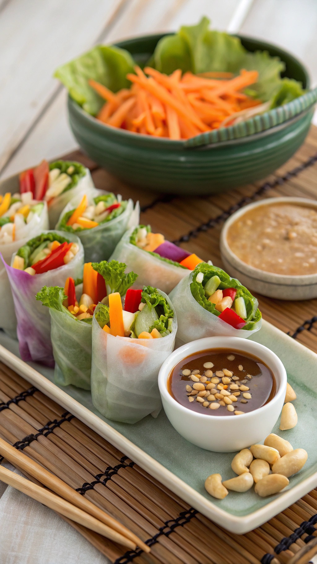 A platter of colorful vegetable spring rolls with a dipping sauce and fresh vegetables on the side.