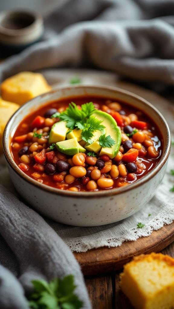 A bowl of classic vegetarian chili topped with avocado and cilantro, served with cornbread.