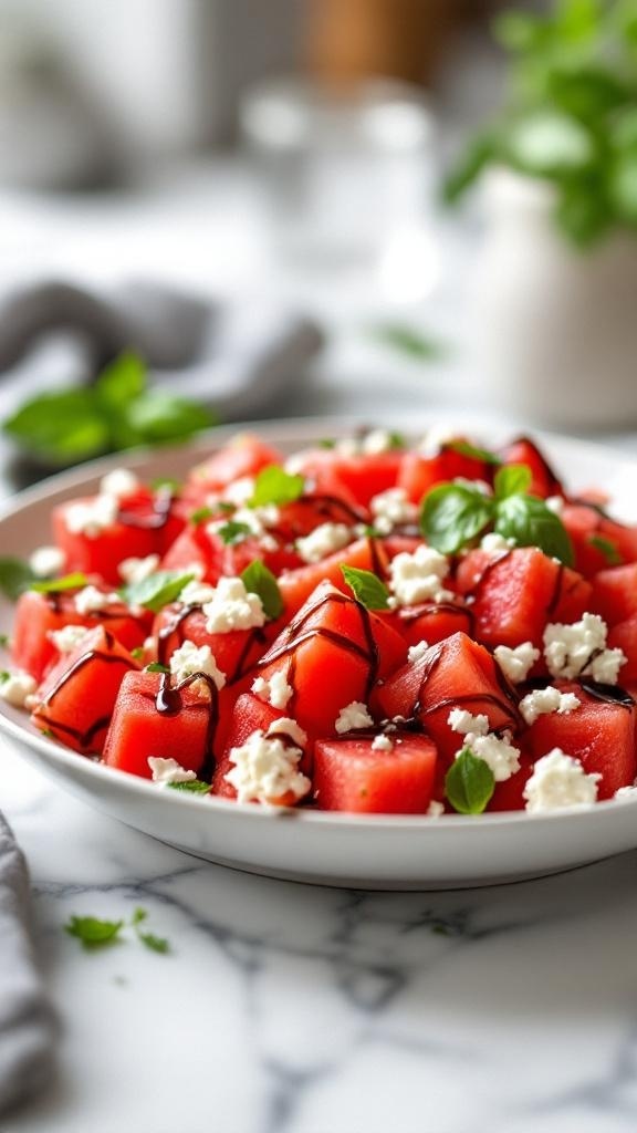A refreshing salad made with watermelon cubes, crumbled feta cheese, and fresh herbs, drizzled with balsamic glaze.