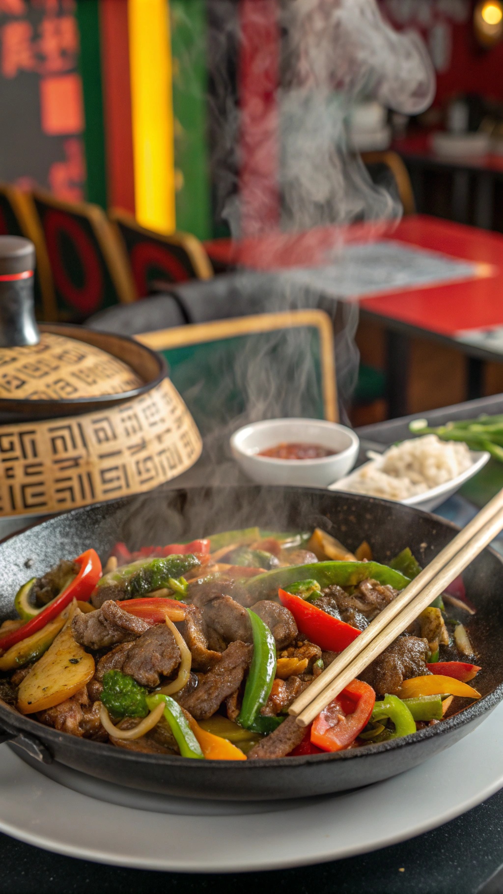 A steaming beef stir-fry with colorful bell peppers and onions in a black skillet, chopsticks resting on the side.
