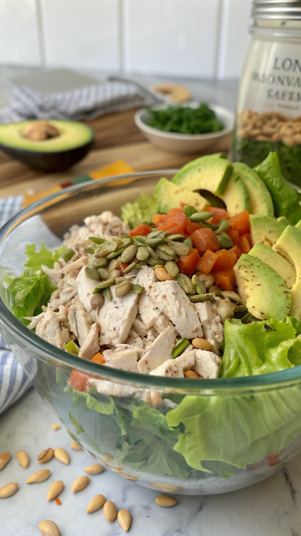 A bowl of chicken salad with avocado, lettuce, tomatoes, and pumpkin seeds.