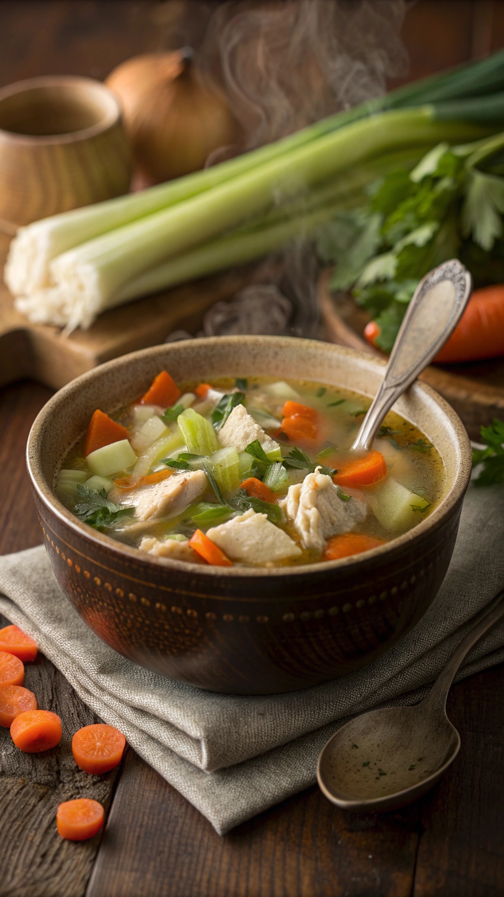 A bowl of classic chicken soup with vegetables, garnished with parsley, on a wooden table.
