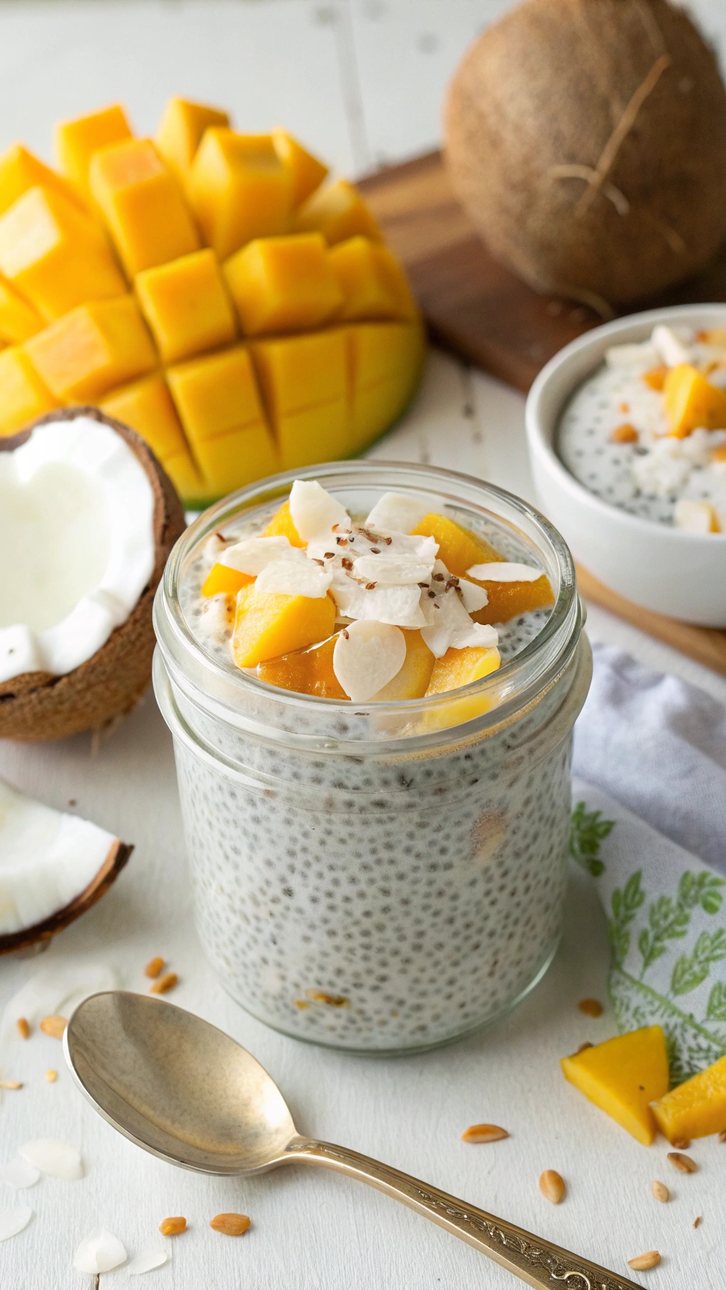 A jar of coconut chia pudding topped with mango and coconut flakes, with fresh mango cubes and a coconut shell in the background.