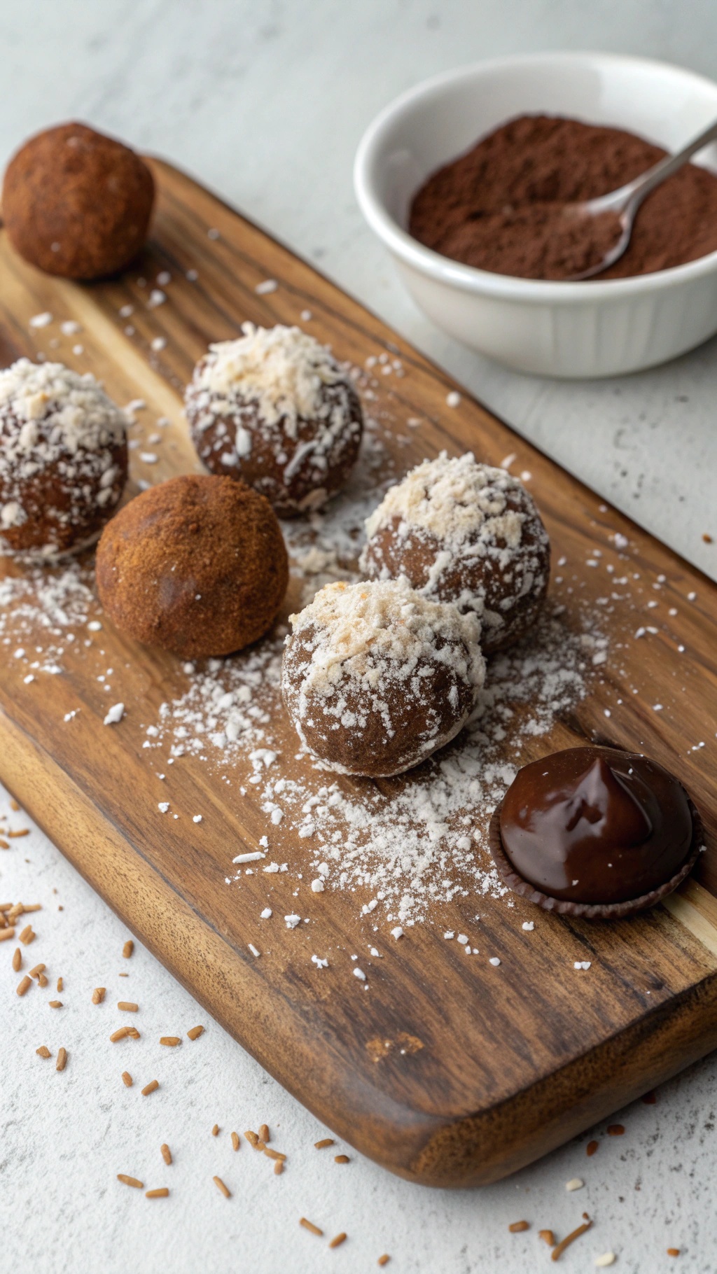 Coconut chocolate protein balls on a wooden platter with cocoa powder in a bowl.