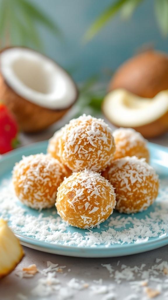 A plate of coconut energy bites coated in shredded coconut, with fresh coconut halves in the background.
