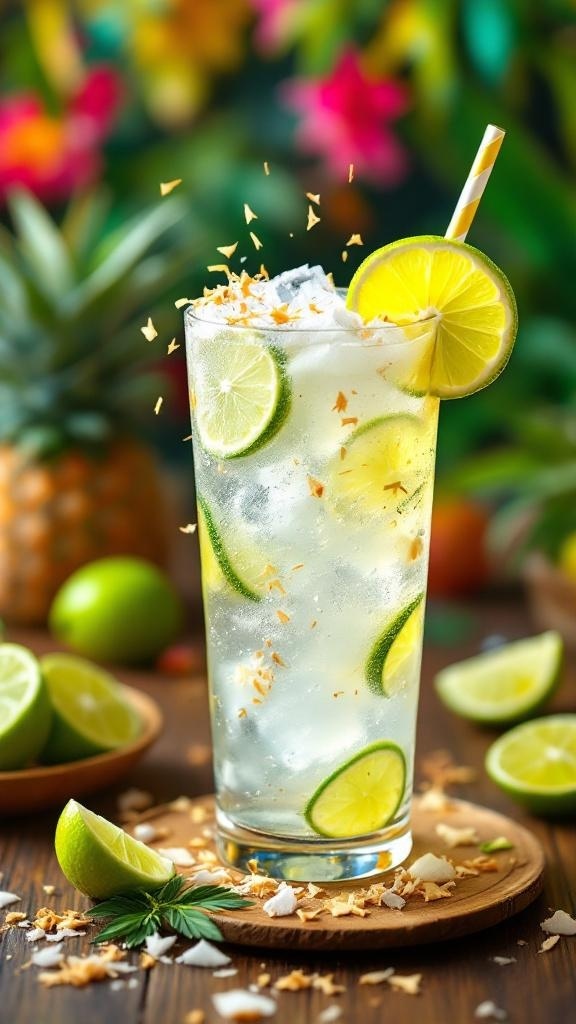 A refreshing Coconut Lime Sparkler drink with lime slices and toasted coconut flakes, set against a tropical background.