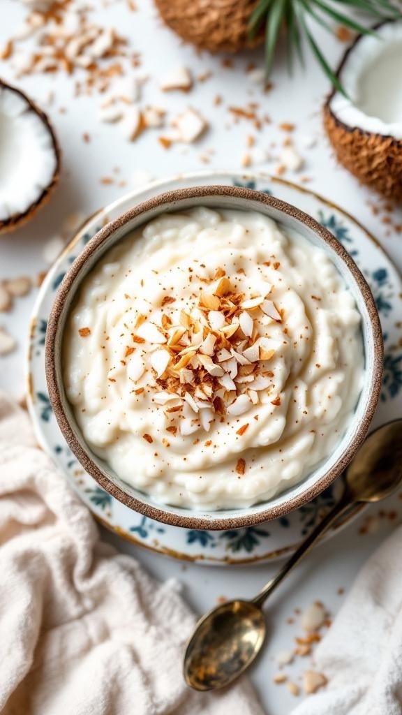 A bowl of coconut milk rice pudding topped with toasted coconut flakes, surrounded by coconut shells.