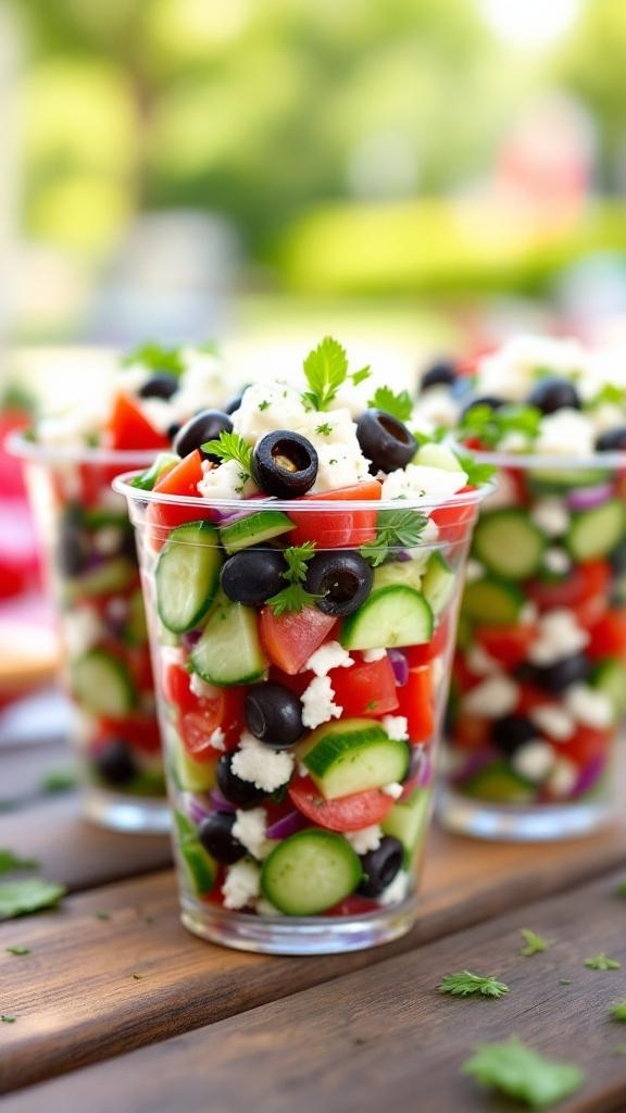 Colorful Greek salad cups with cucumbers, tomatoes, olives, and feta cheese