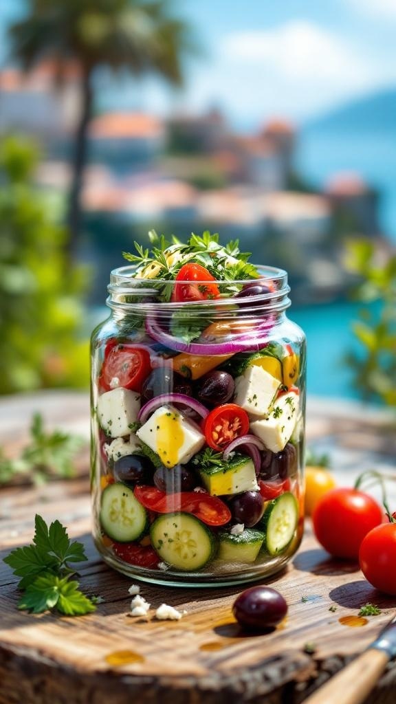 A colorful Greek salad jar filled with cucumbers, cherry tomatoes, bell peppers, red onion, olives, and feta cheese, surrounded by fresh herbs and cherry tomatoes on a wooden table.