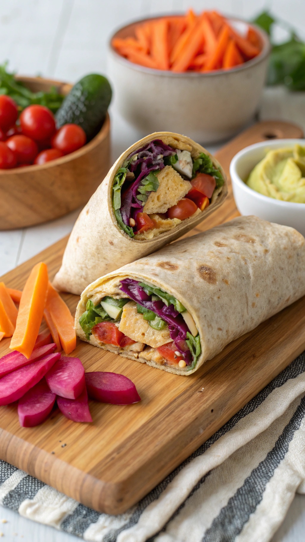 Colorful vegetable and hummus wraps with fresh veggies and hummus on a wooden board