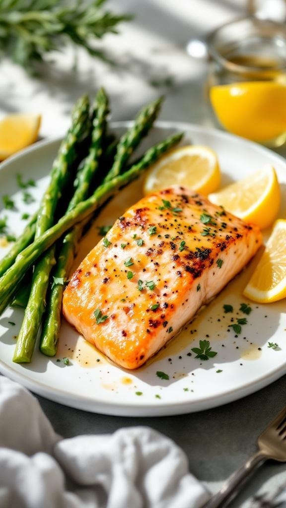 Baked salmon fillet with garlic and Dijon, served with asparagus and lemon slices.