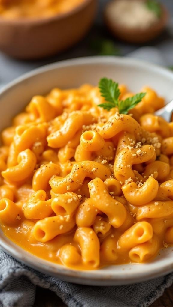 A bowl of creamy Vegan Sweet Potato Mac and Cheese topped with breadcrumbs.