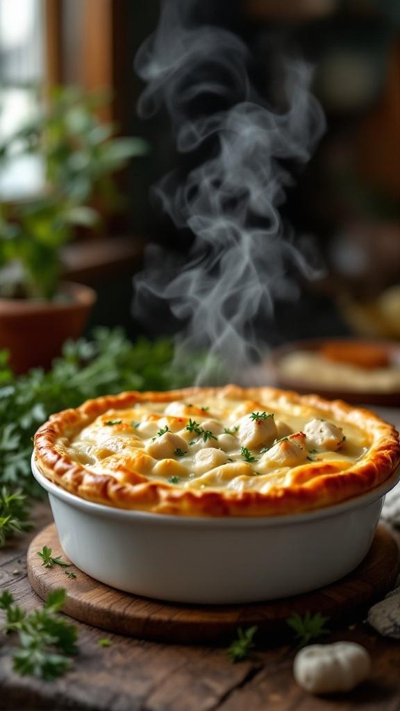 A steaming savory pot pie with a golden crust and fresh herbs on top, placed on a wooden table.