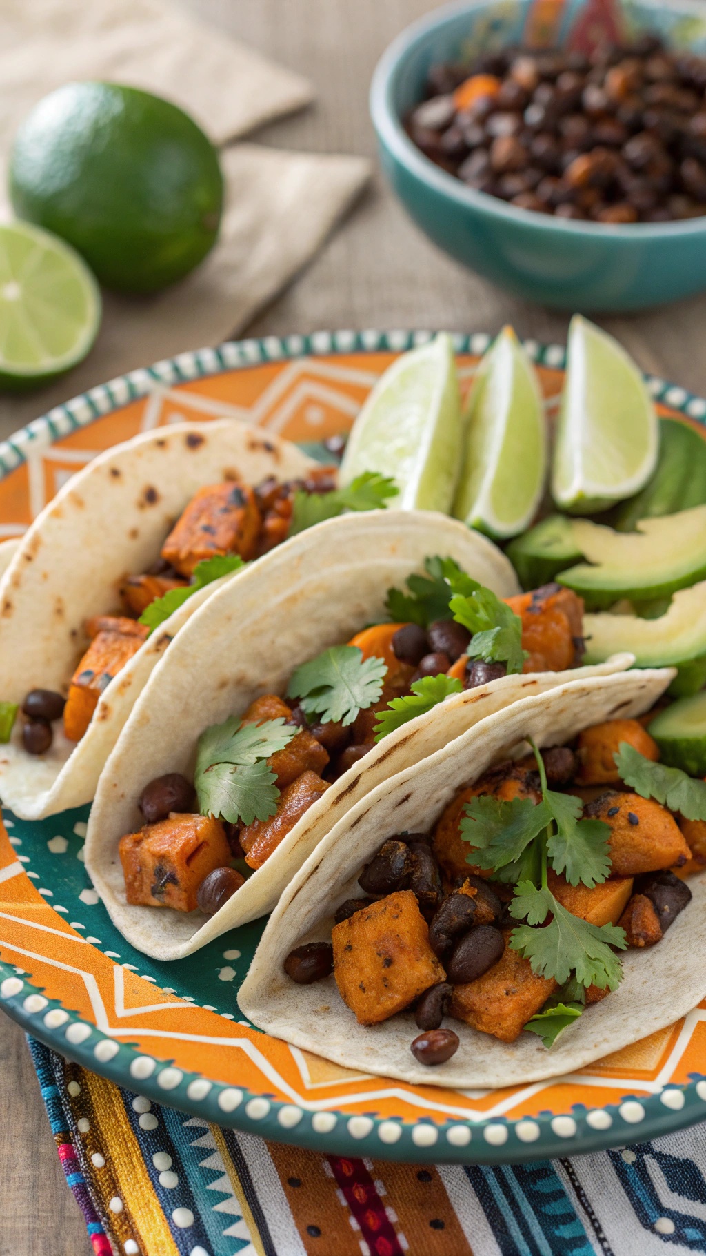 Sweet potato and black bean tacos on a colorful plate with lime wedges and avocado.